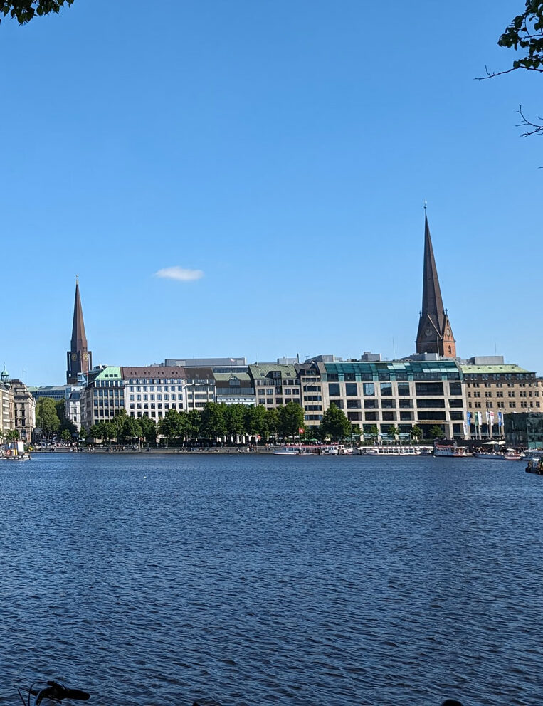 A panoramic view of old Hamburg from across the river